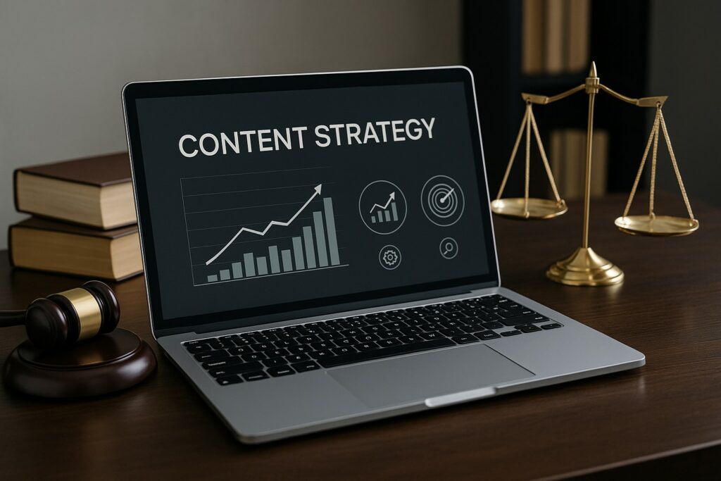 Ordinateur portable affichant des graphiques SEO et une stratégie de contenu sur un bureau professionnel avec un gavel et une balance en arrière-plan, représentant une approche moderne du SEO et du marketing digital.