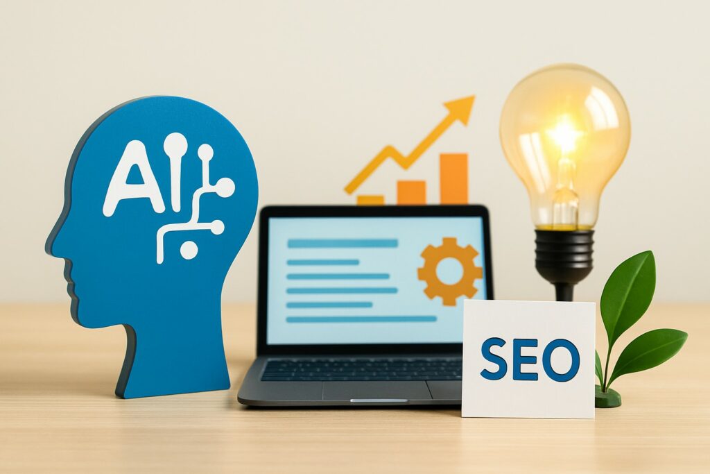 Photo d'un bureau moderne avec un écran d'ordinateur affichant des éléments de SEO et de technologie, représentant un environnement de travail numérique axé sur l'IA et le SEO.