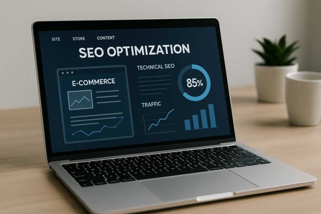 Un ordinateur portable affichant un tableau de bord SEO avec des graphiques de performance pour un site e-commerce, représentant l'optimisation SEO et l'analyse de données.