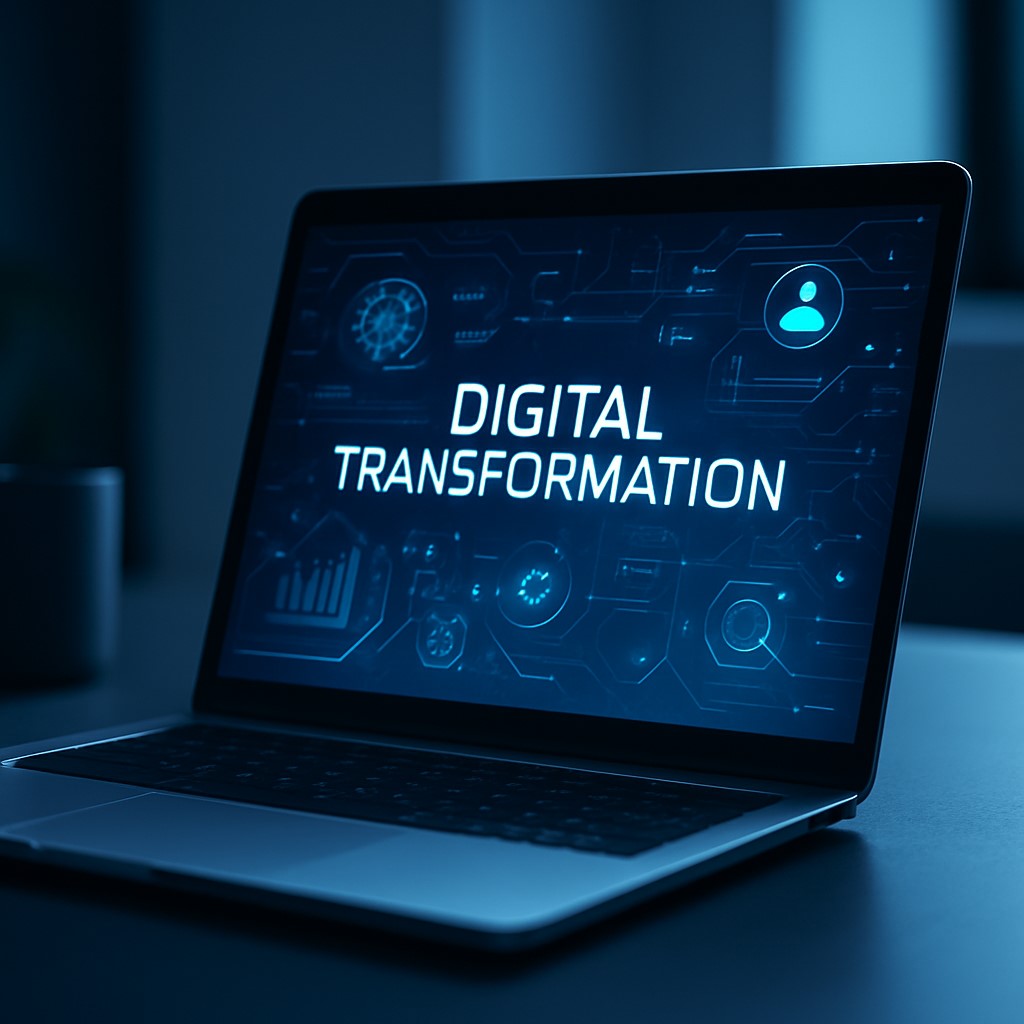 Un ordinateur portable argenté affichant un graphique de transformation numérique futuriste avec des éléments holographiques et des icônes lumineuses.